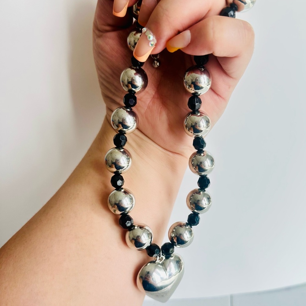 Silver and Black Beaded Heart Necklace